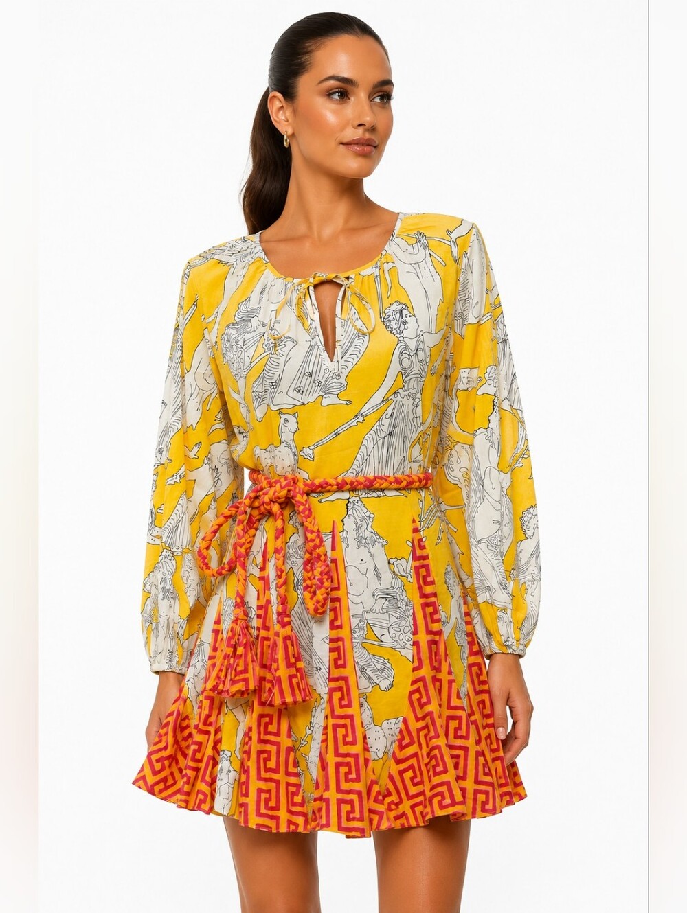 NWT Rhode Zeus Dress Golden Greco Print Braided Belt Size M MSRP $395